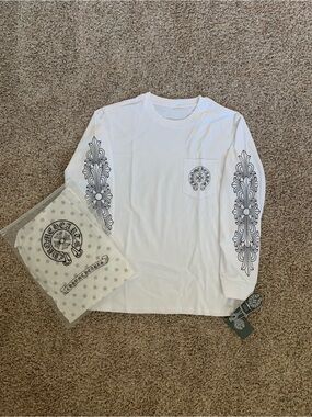 Chrome Hearts White Long-Sleeve Pocket Tee with Black Sleeve Graphics